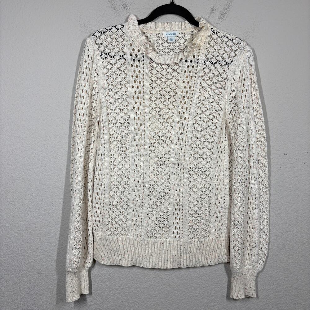 Sundance XS Open Knit Chunky Ruffled Neck Sweater Ivory Speckle 100% Cotton